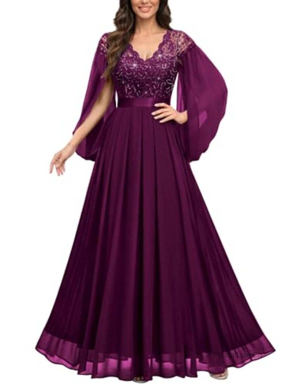 V-Neck Lace Sequin Cape Sleeve Formal Evening Gown Floor-Length